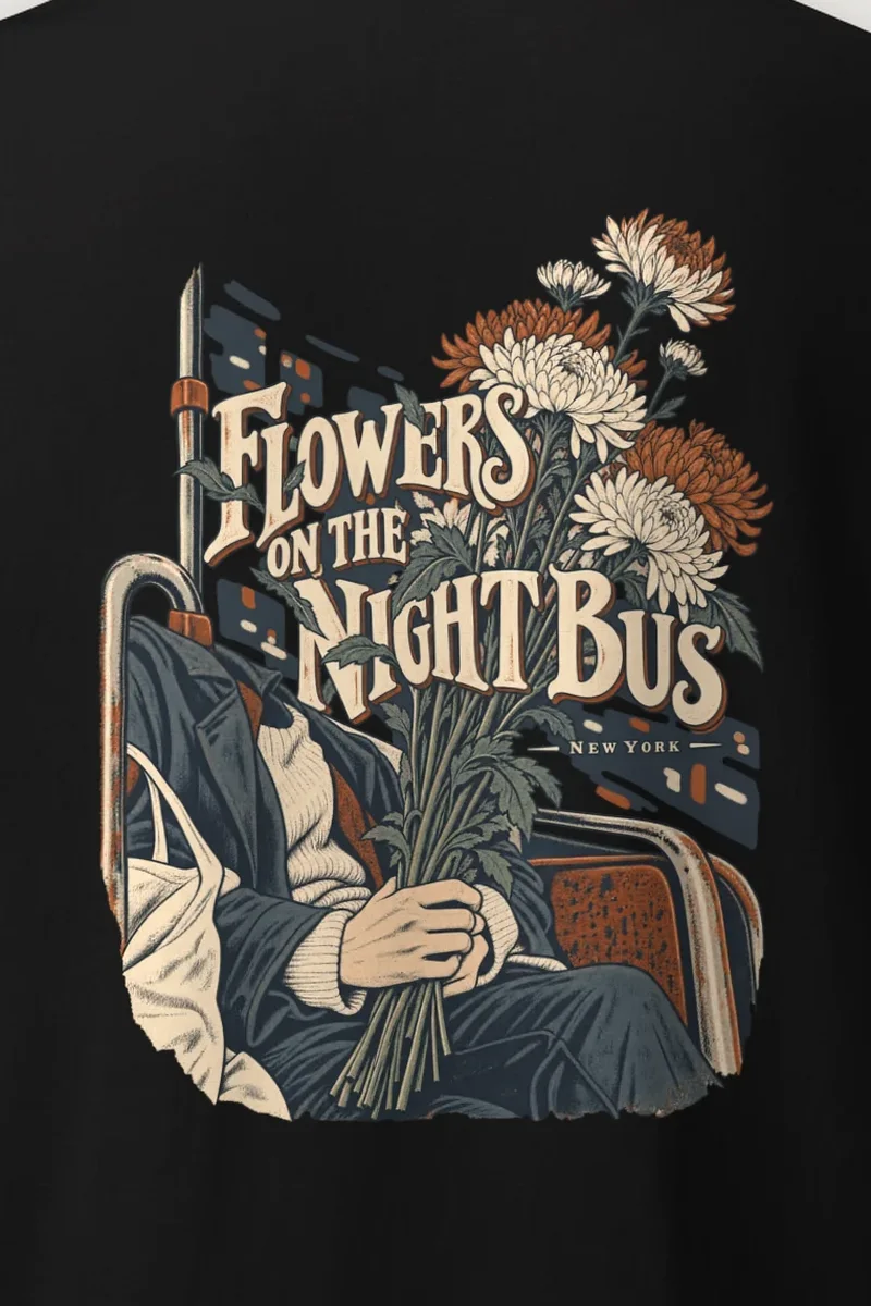 "Flowers on the Night Bus" Heavyweight Unisex Crewneck T-shirt - the graphic up close