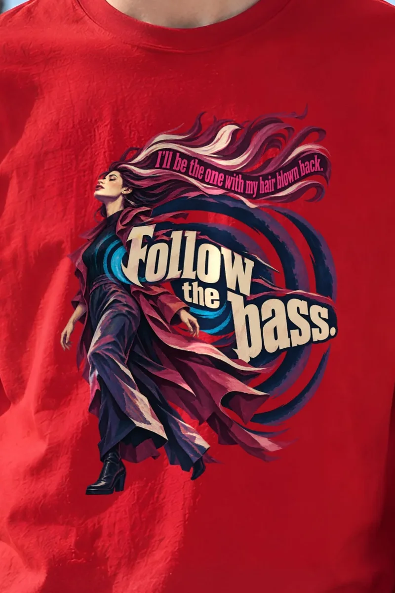"Follow the Bass" Heavyweight Unisex Crewneck T-shirt - the graphic up close