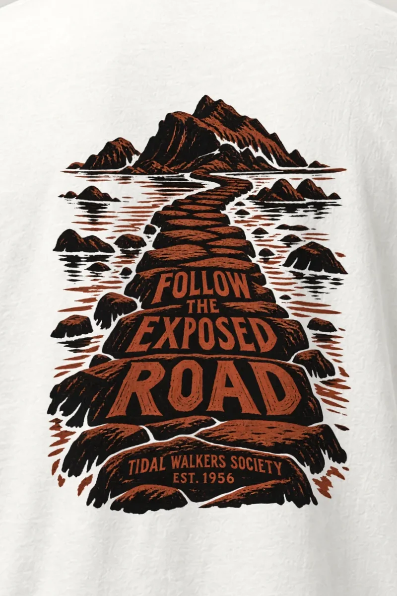 "FOLLOW THE EXPOSED ROAD" Heavyweight Unisex Crewneck T-shirt - the graphic up close