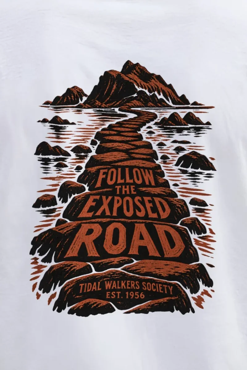 "FOLLOW THE EXPOSED ROAD" Heavyweight Unisex Crewneck T-shirt - the graphic up close