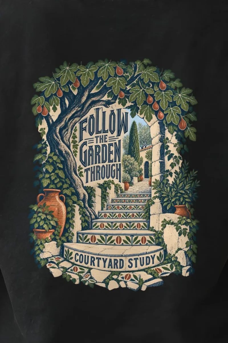 "Follow the Garden Through" Heavyweight Unisex Crewneck T-shirt - the graphic up close