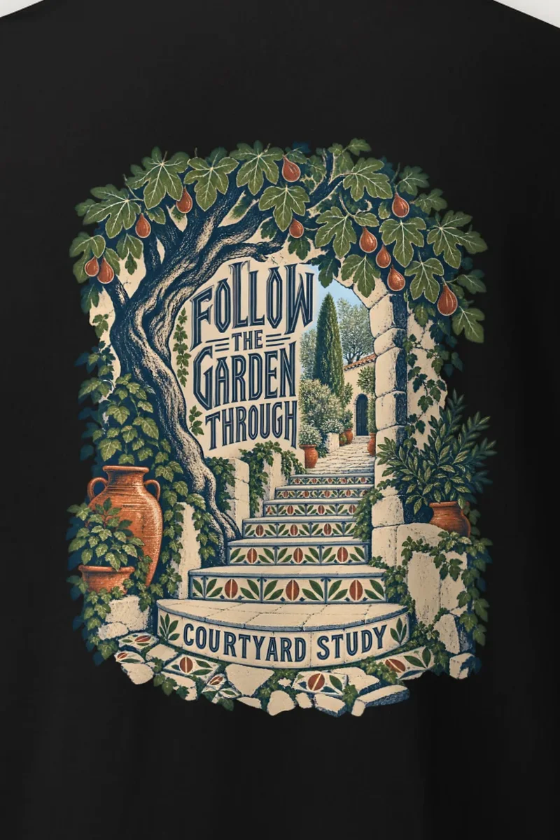 "Follow the Garden Through" Heavyweight Unisex Crewneck T-shirt - the graphic up close