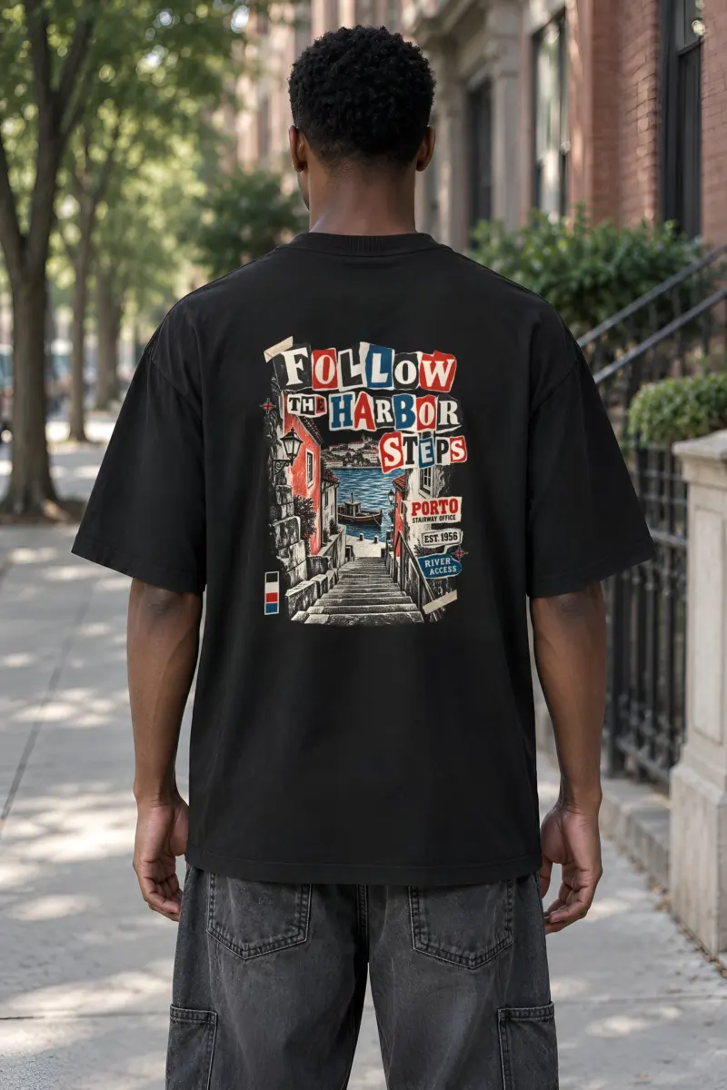 "Follow the Harbor Steps" Men's Oversized Heavyweight Crewneck T-Shirt