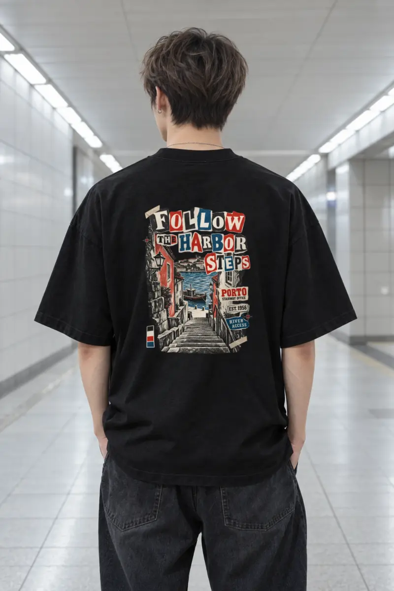 "Follow the Harbor Steps" Men's Oversized Heavyweight Crewneck T-Shirt