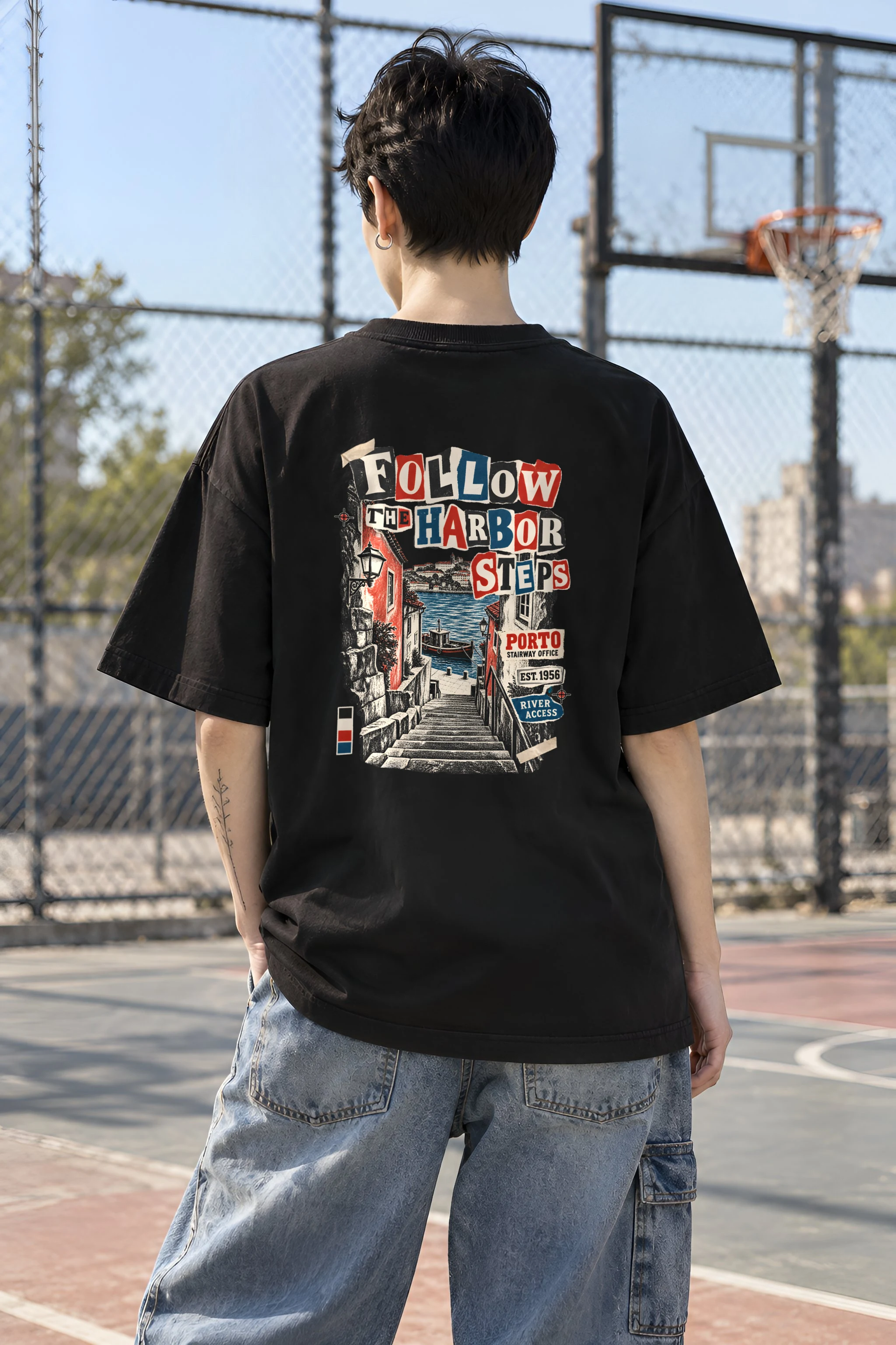 "Follow the Harbor Steps" Unisex Oversized Heavyweight Crewneck T-Shirt