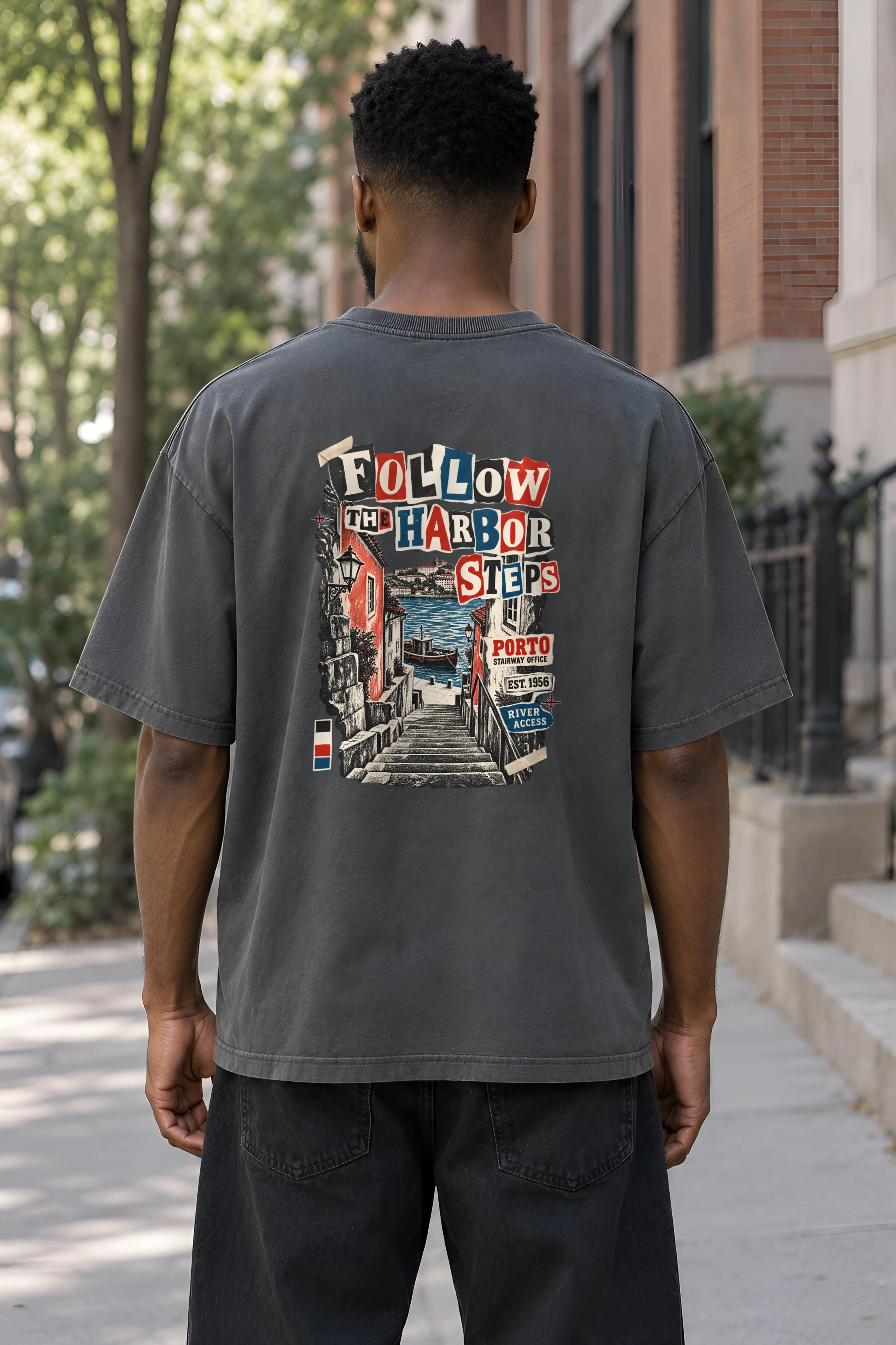 "Follow the Harbor Steps" Unisex Oversized Heavyweight Crewneck T-Shirt
