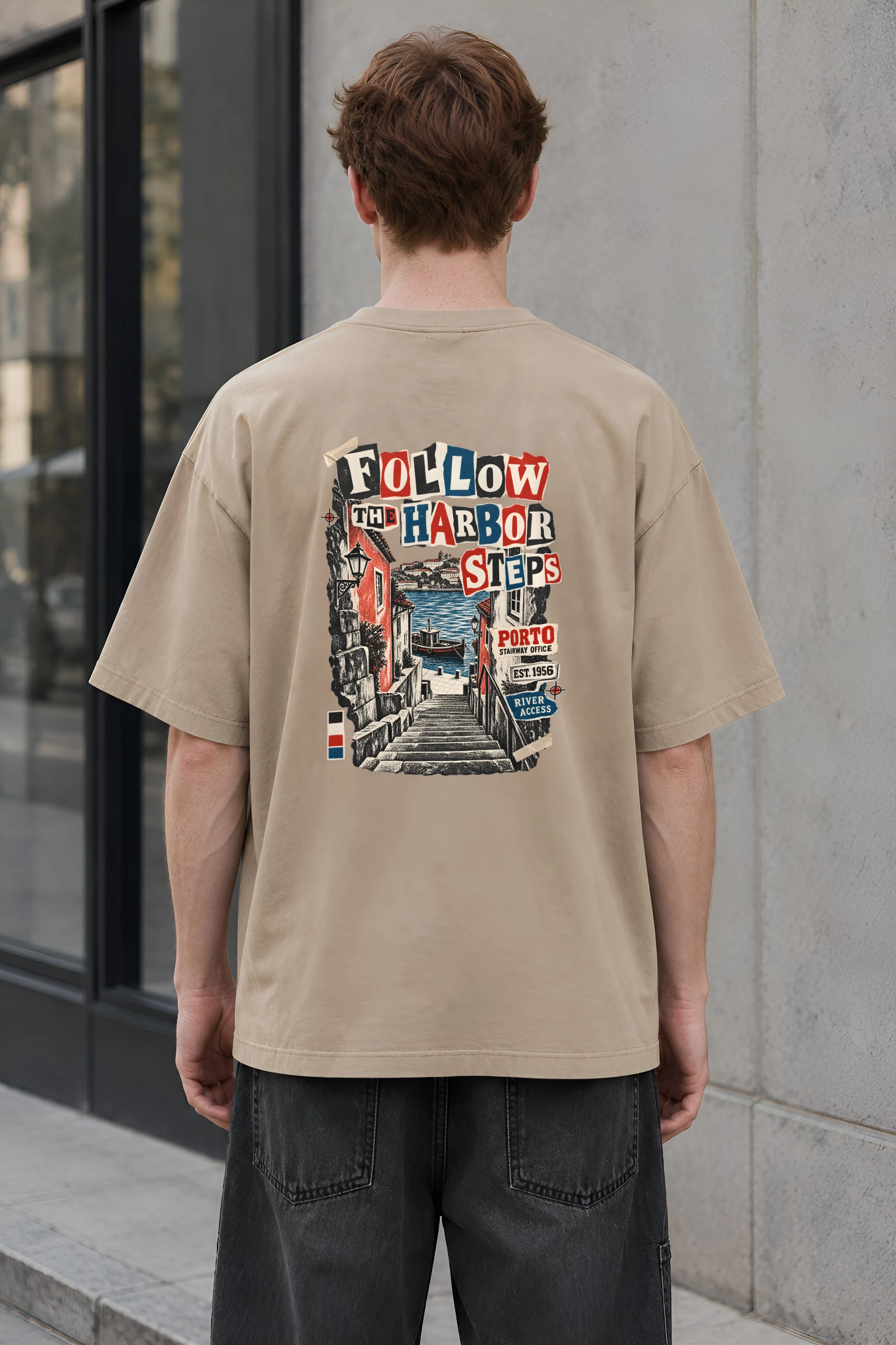 "Follow the Harbor Steps" Unisex Oversized Heavyweight Crewneck T-Shirt