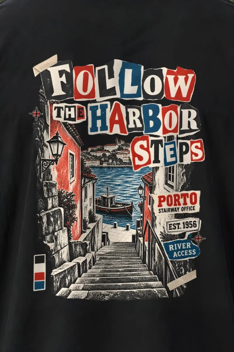 "Follow the Harbor Steps" Men’s Oversized Heavyweight Crewneck T-Shirt - the graphic up close