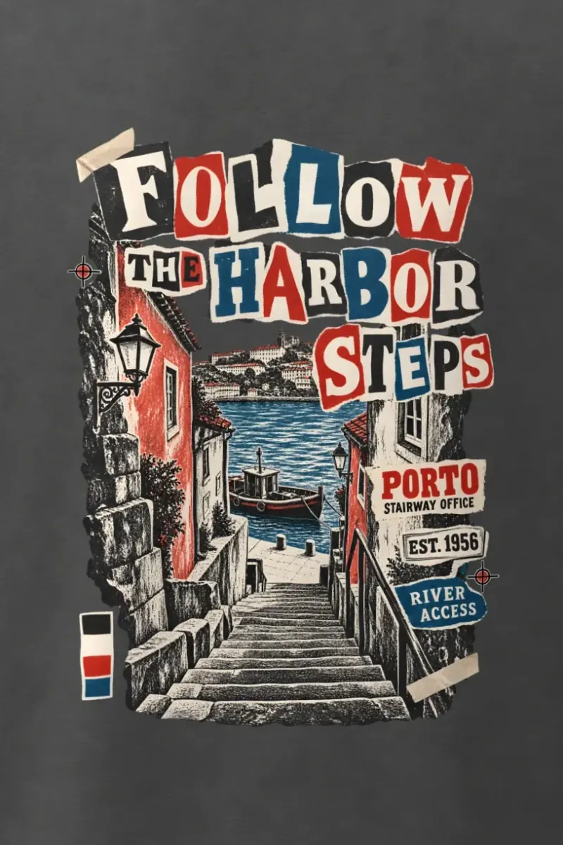 "Follow the Harbor Steps" Men’s Oversized Heavyweight Crewneck T-Shirt - the graphic up close