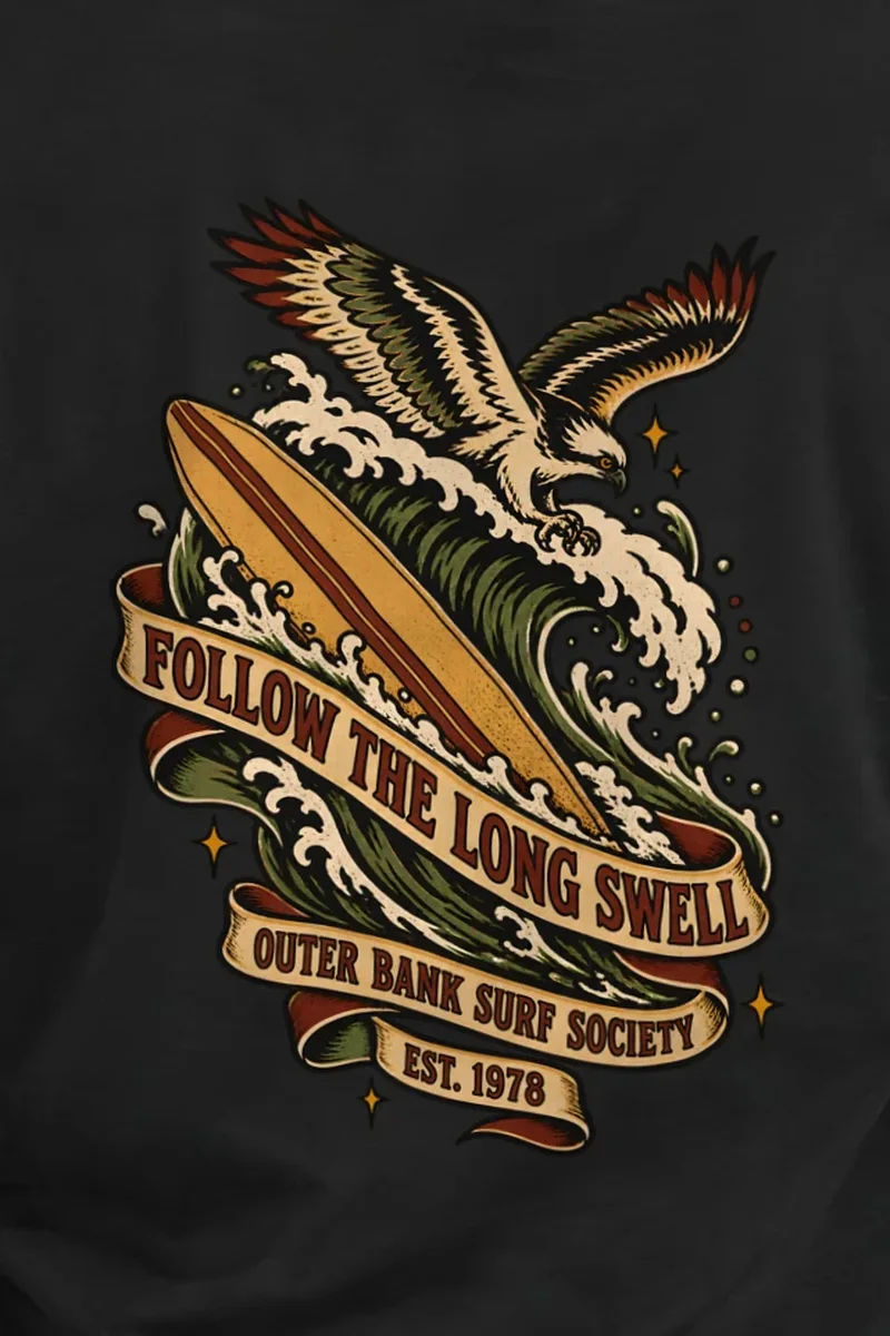 "Follow the Long Swell" Heavyweight Unisex Crewneck T-shirt - the graphic up close