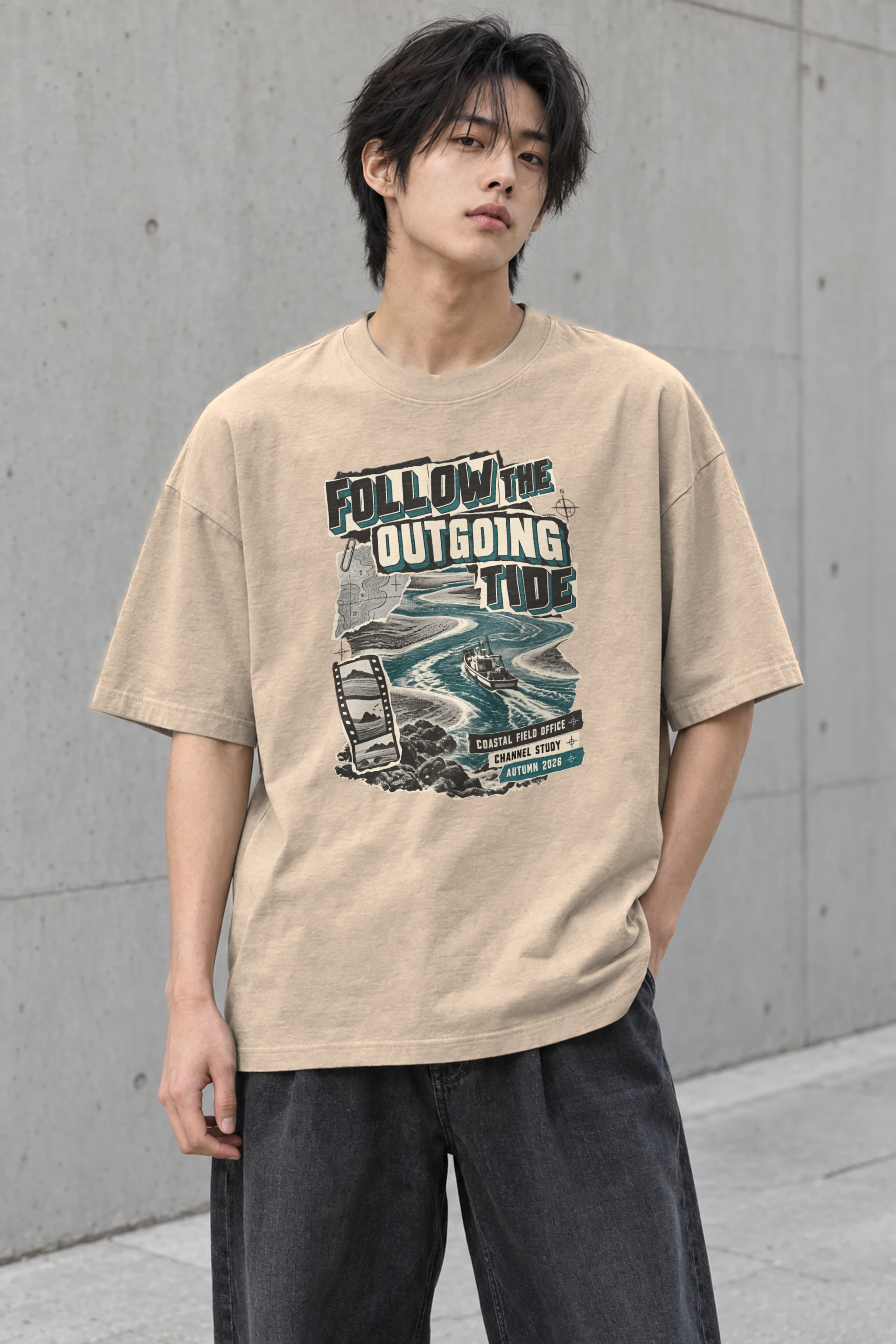 "Follow the Outgoing Tide" Men's Oversized Heavyweight Crewneck T-Shirt