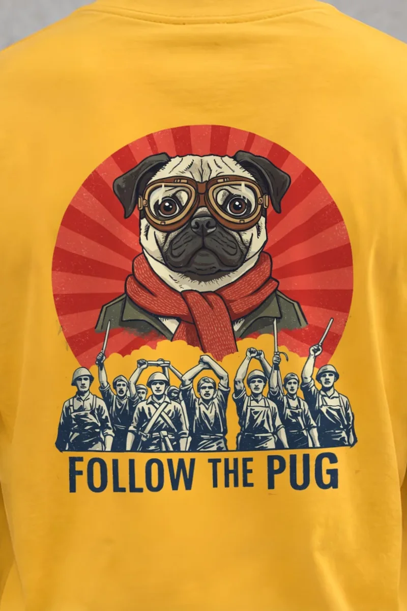 "Follow The Pug" Heavyweight Unisex Crewneck T-shirt - the graphic up close