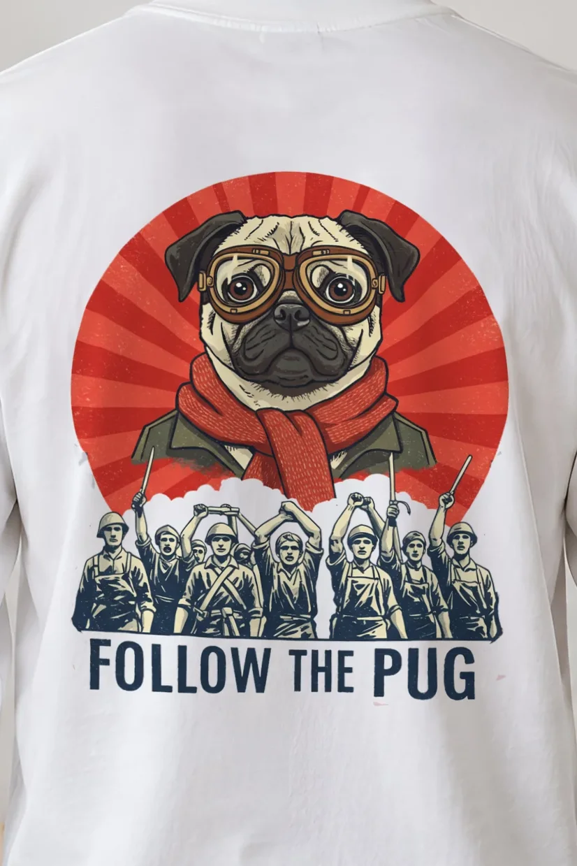 "Follow The Pug" Unisex Longsleeve T-shirt - the graphic up close