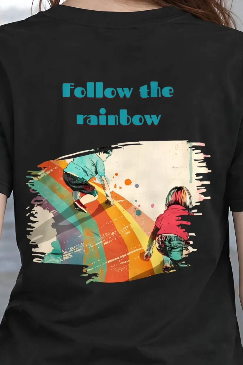 "Follow The Rainbow" Heavyweight Unisex Crewneck T-shirt - the graphic up close