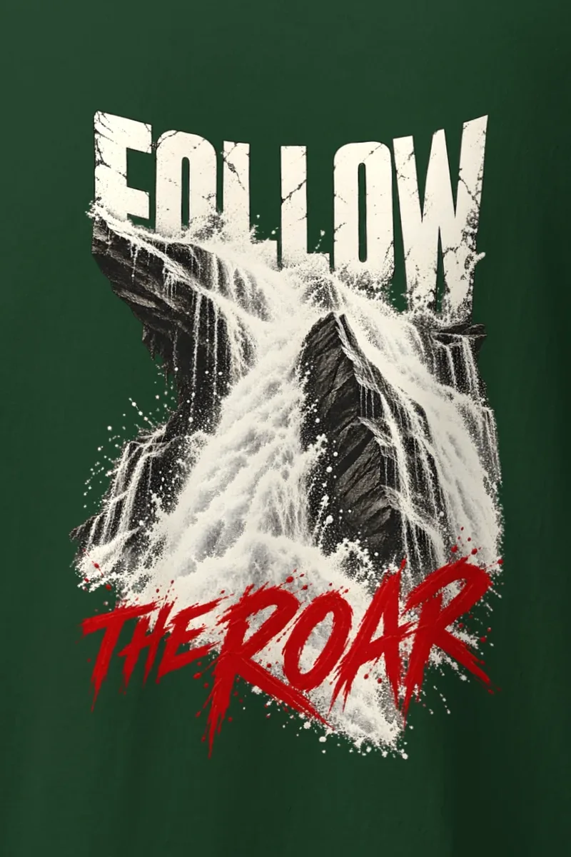 "Follow the Roar" Heavyweight Unisex Crewneck T-shirt - the graphic up close