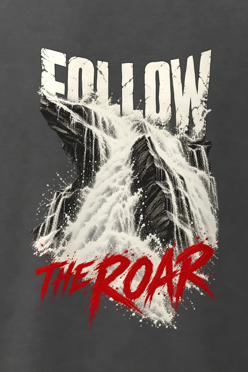 "Follow the Roar" Men’s Oversized Heavyweight Crewneck T-Shirt - the graphic up close
