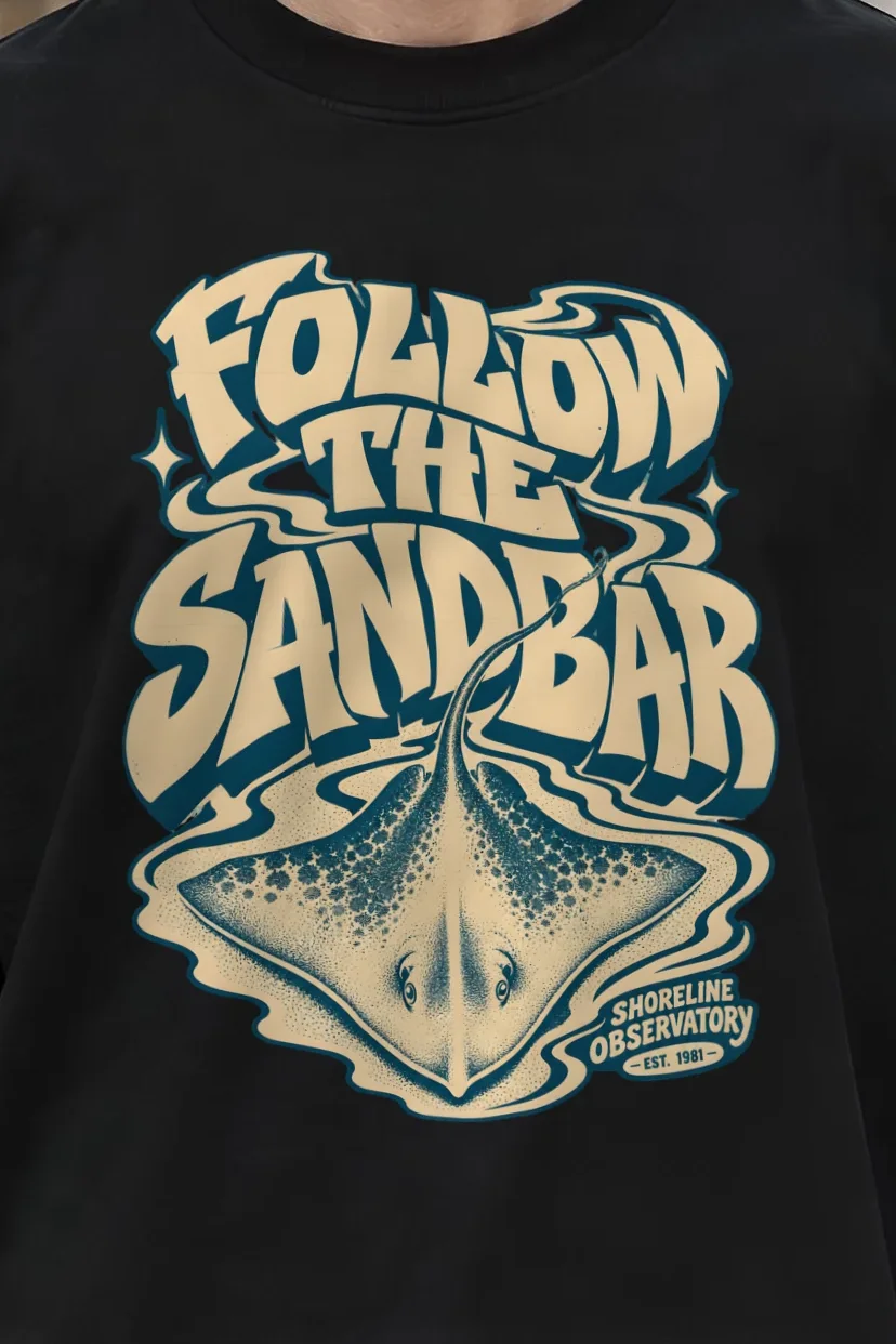 "Follow the Sandbar" Men’s Oversized Heavyweight Crewneck T-Shirt - the graphic up close