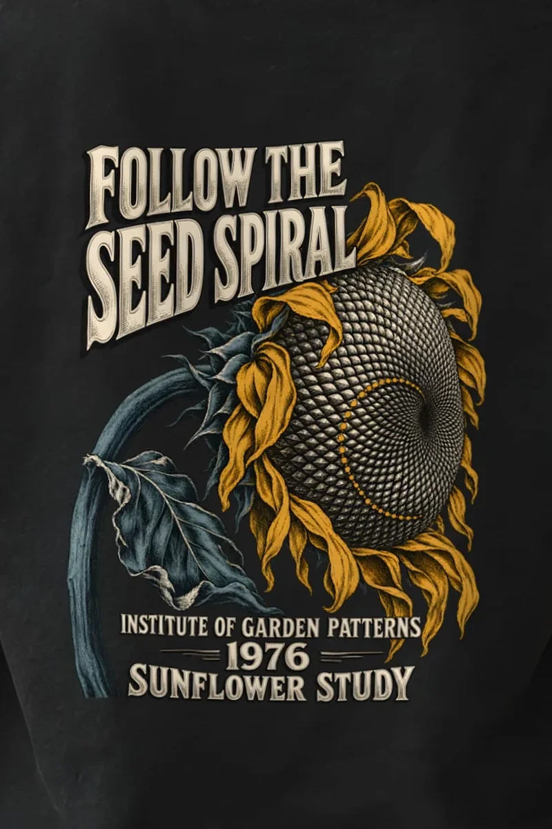 "Follow the Seed Spiral" Heavyweight Unisex Crewneck T-shirt - the graphic up close