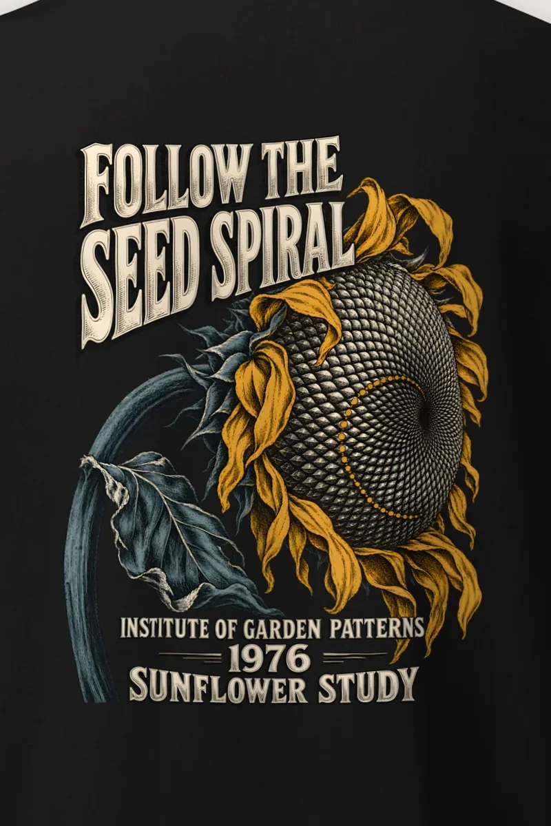 "Follow the Seed Spiral" Heavyweight Unisex Crewneck T-shirt - the graphic up close