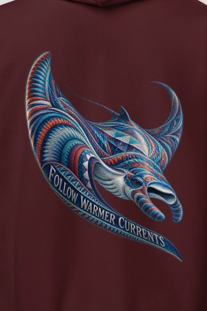 "Follow Warmer Currents" Heavy Blend Unisex Pullover Hoodie - the graphic up close