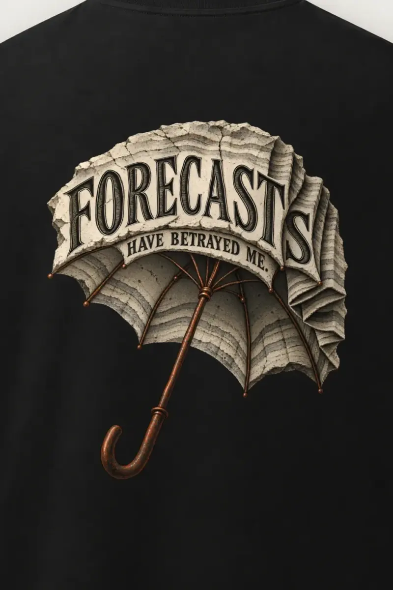 "Forecasts Have Betrayed Me" Men’s Oversized Heavyweight Crewneck T-Shirt - the graphic up close
