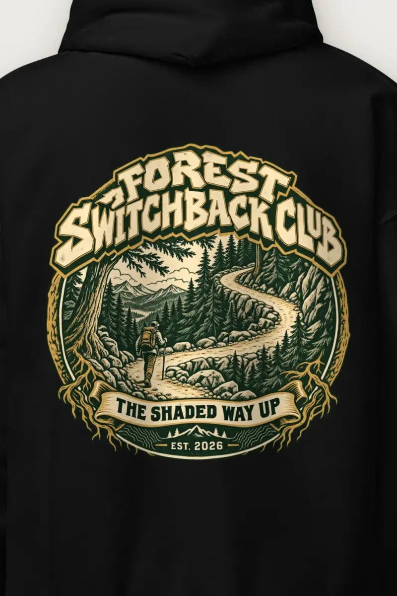 "Forest Switchback Club" Heavy Blend Unisex Pullover Hoodie - the graphic up close