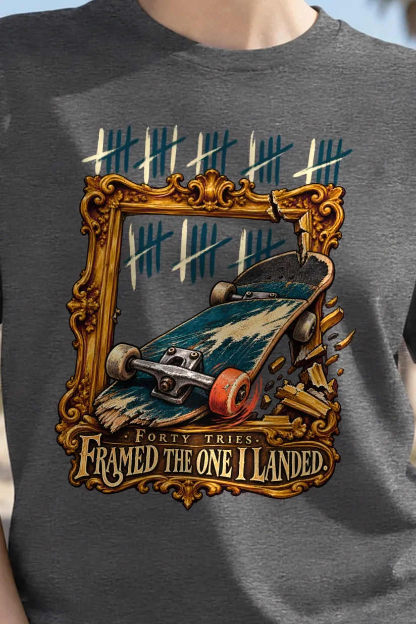 "Forty Tries Framed The One" Heavyweight Unisex Crewneck T-shirt - the graphic up close