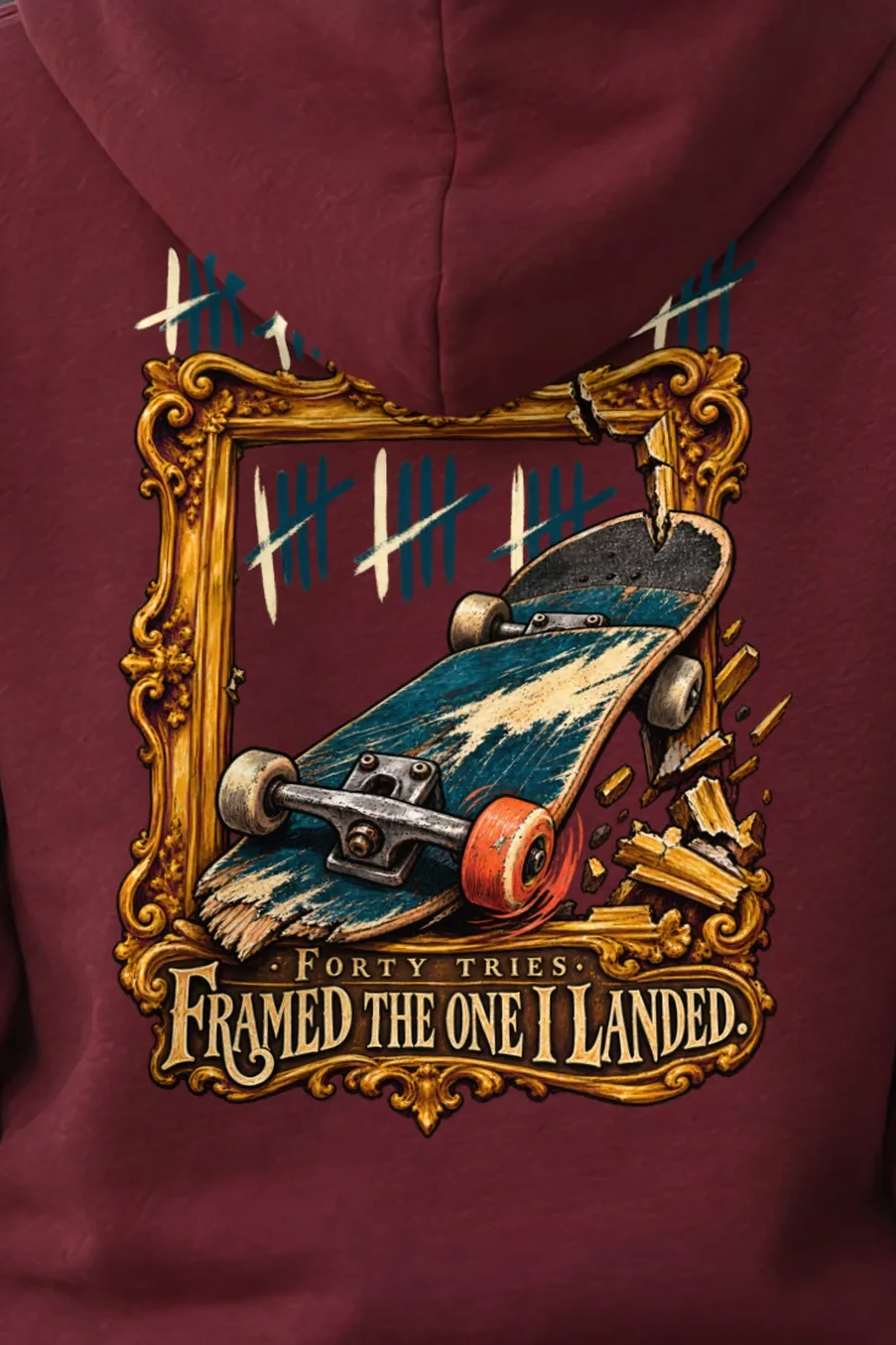 "Forty Tries Framed" Unisex Pullover Hoodie - the graphic up close