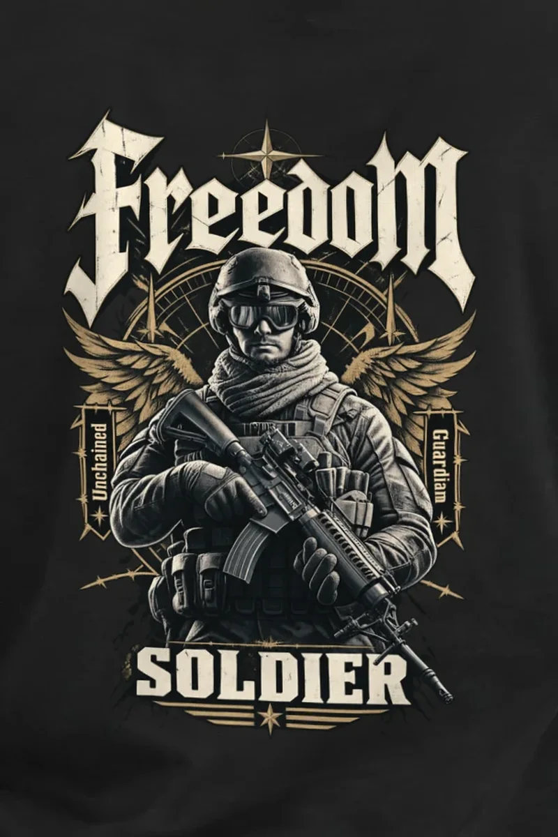 "Freedom Unchained Soldier" Heavyweight Unisex Crewneck T-shirt - the graphic up close