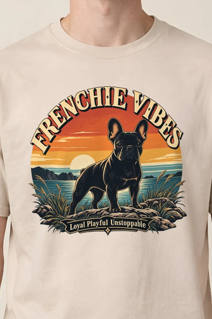 "Frenchie Vibes" Heavyweight Unisex Crewneck T-shirt - the graphic up close