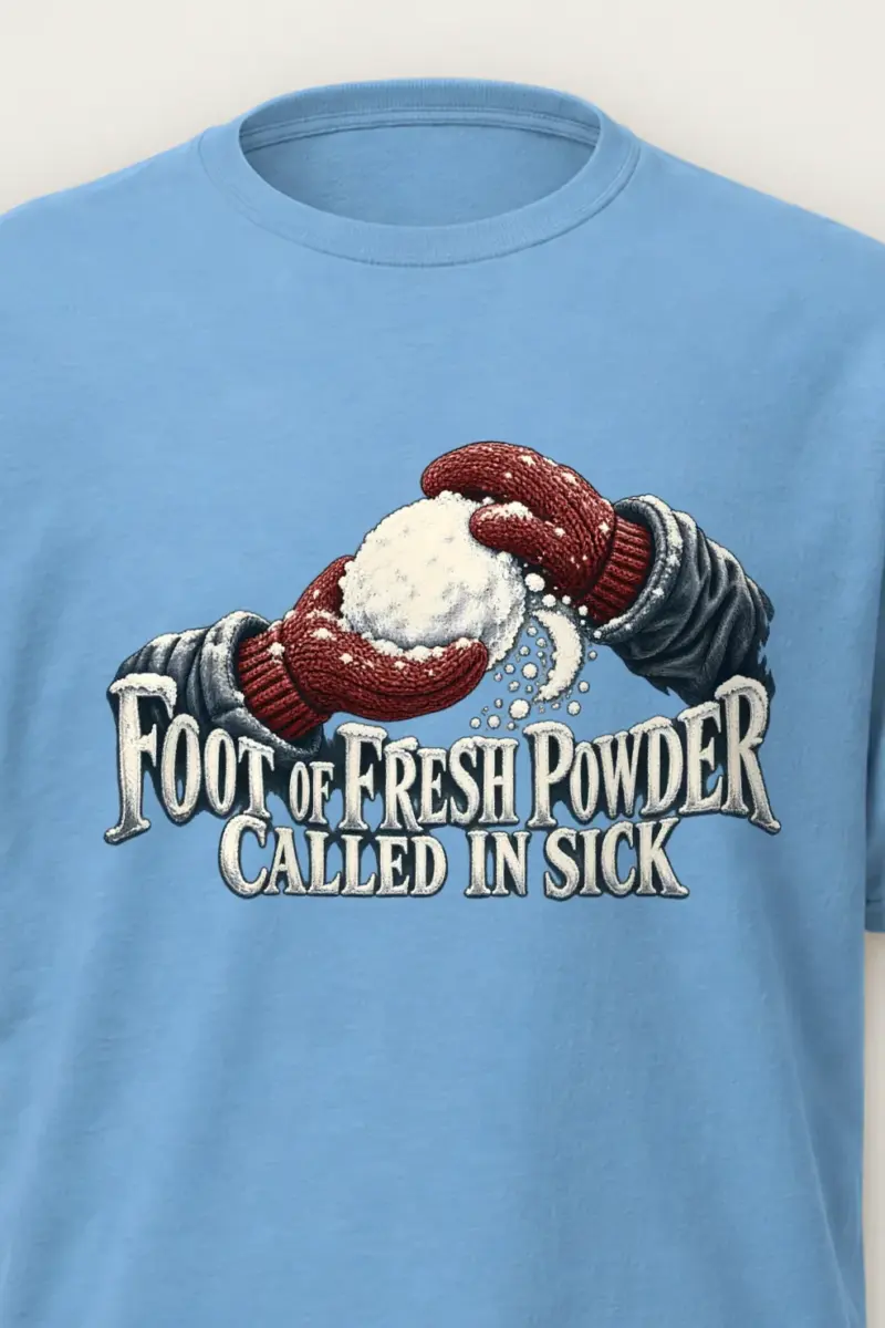 "Fresh Powder Called In Sick" Heavyweight Unisex Crewneck T-shirt - the graphic up close