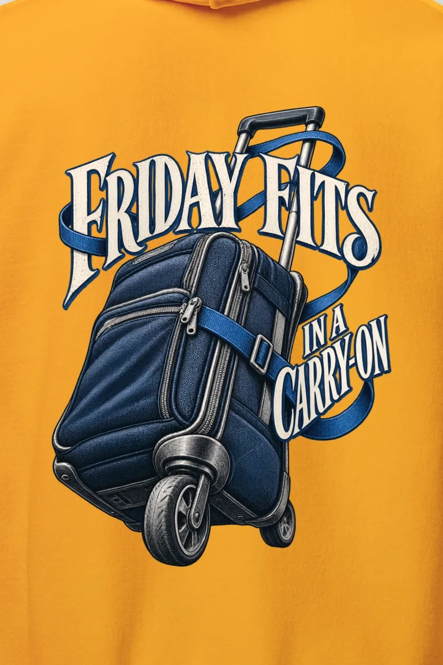 "Friday Fits in a Carry-On" Heavy Blend Unisex Pullover Hoodie - the graphic up close