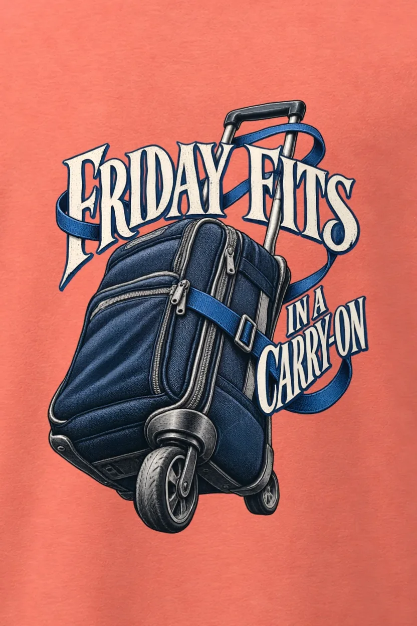 "Friday Fits in a Carry-On" Men’s Oversized Heavyweight Crewneck T-Shirt - the graphic up close