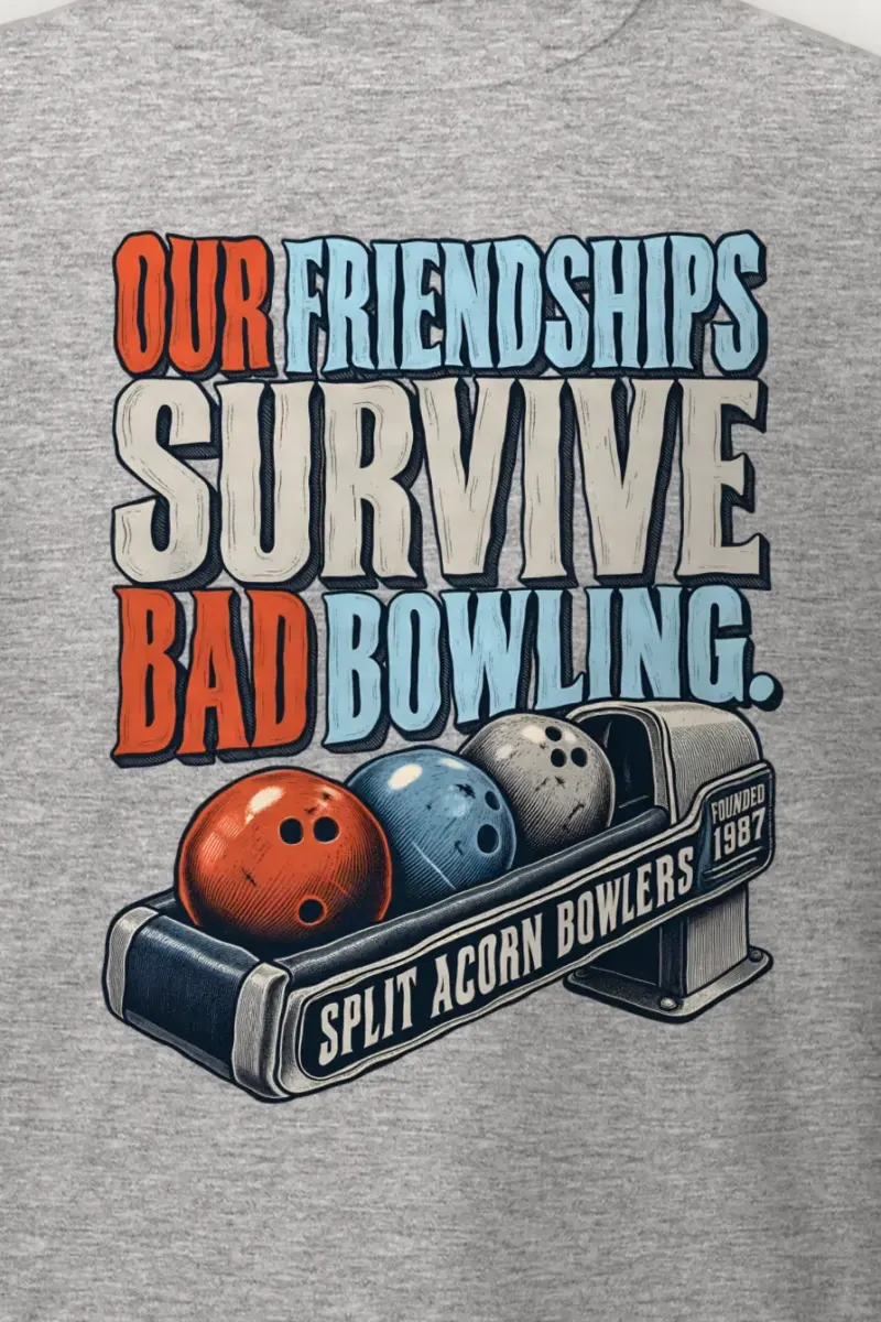 "Friendships Survive Bad Bowling" Heavyweight Unisex Crewneck T-shirt - the graphic up close