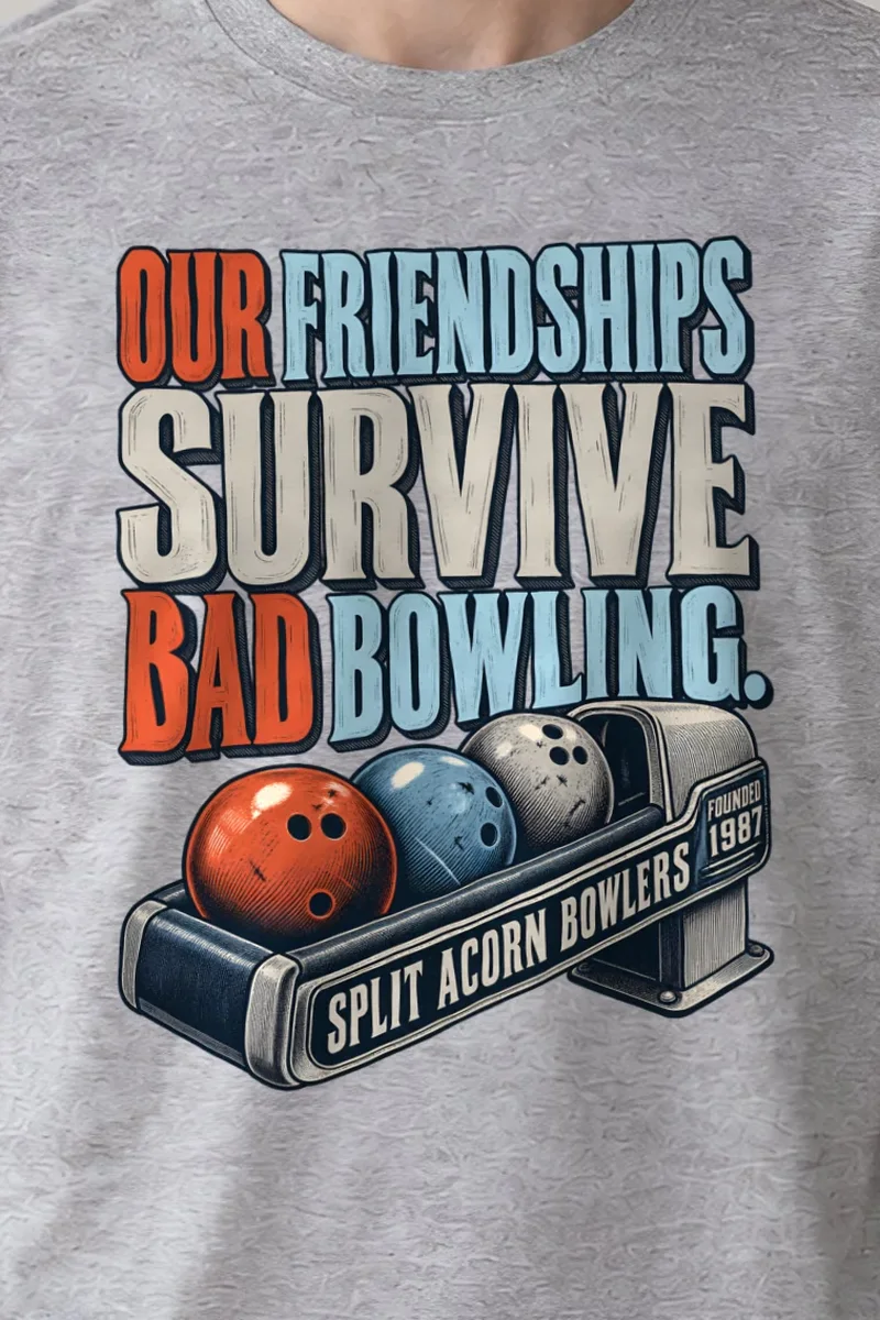 "Friendships Survive Bad Bowling" Heavyweight Unisex Crewneck T-shirt - the graphic up close