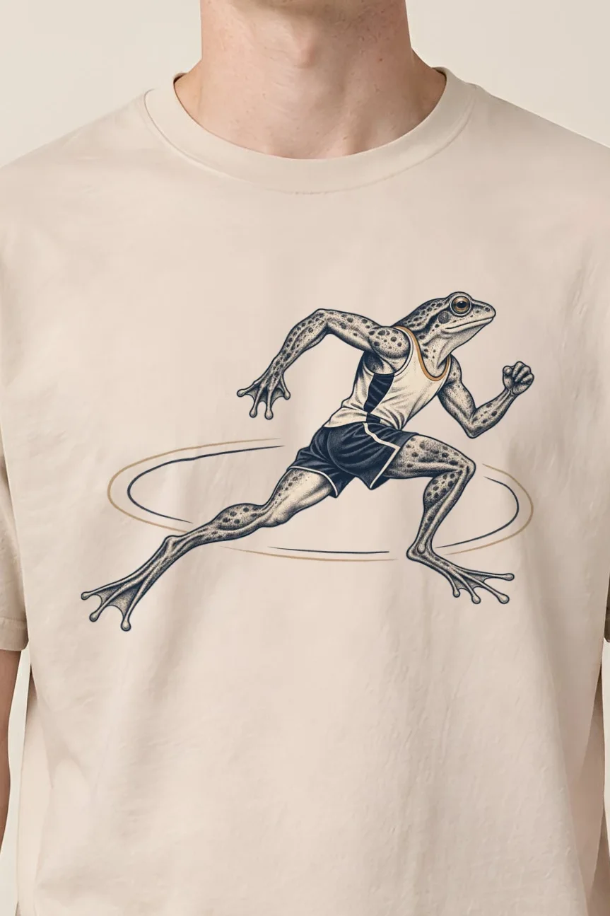 "Frog Runner" Heavyweight Unisex Crewneck T-shirt - the graphic up close