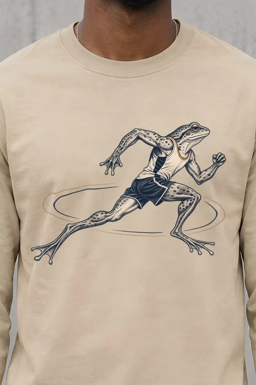 "Frog Runner" Unisex Longsleeve T-shirt - the graphic up close