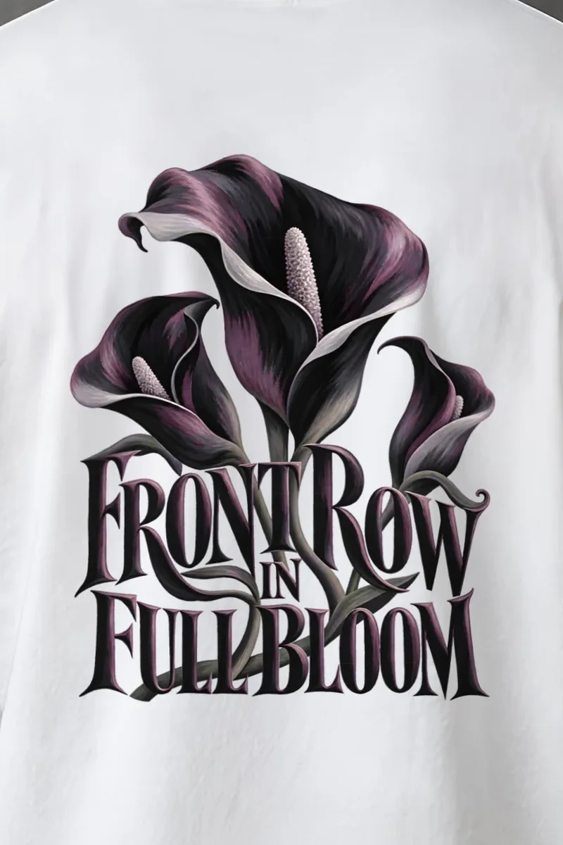 "Front Row in Full Bloom" Heavyweight Unisex Crewneck T-shirt - the graphic up close