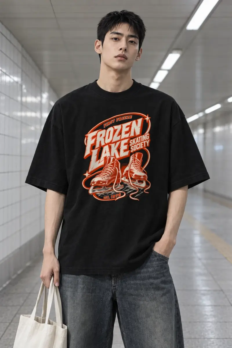 “Frozen Lake Skating Society” Men’s Oversized Heavyweight Crewneck T-Shirt