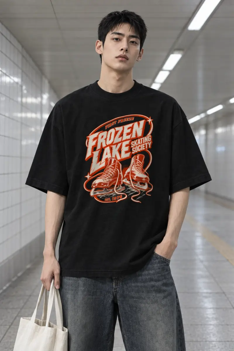 "Frozen Lake Skating Society" Men's Oversized Heavyweight Crewneck T-Shirt