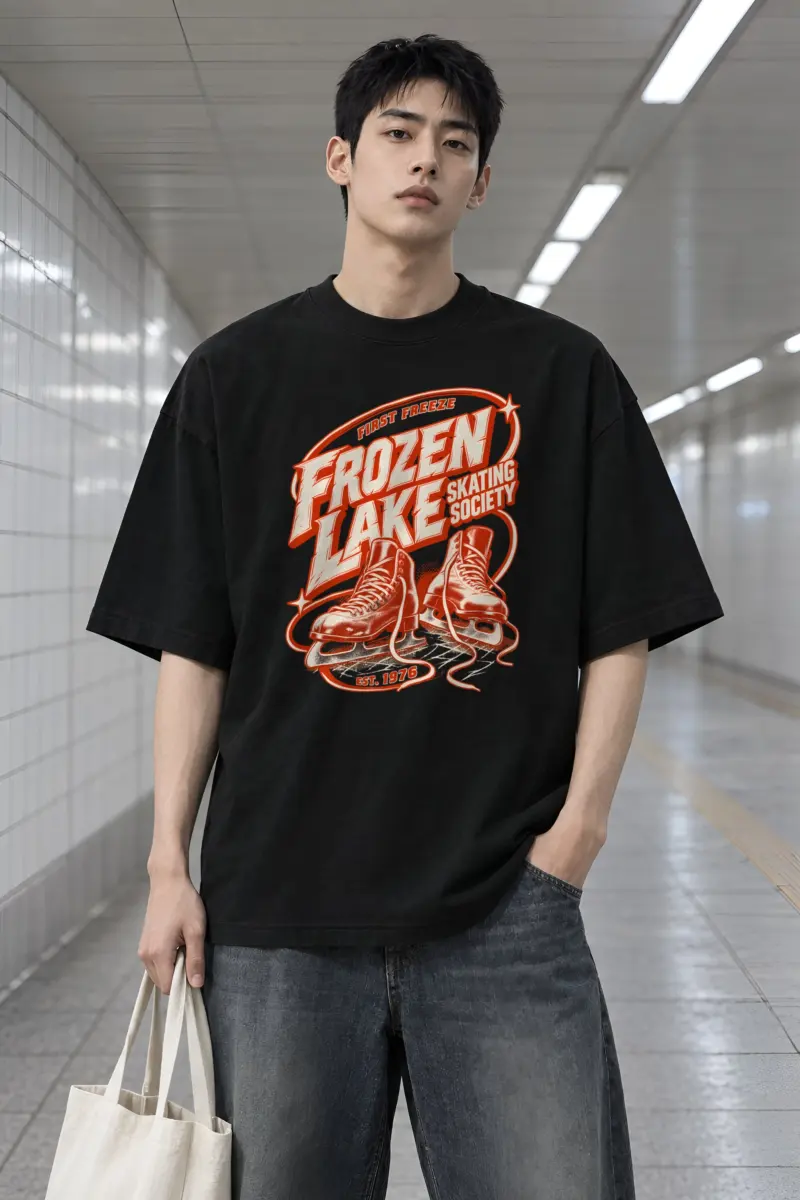 "Frozen Lake Skating Society" Men's Oversized Heavyweight Crewneck T-Shirt