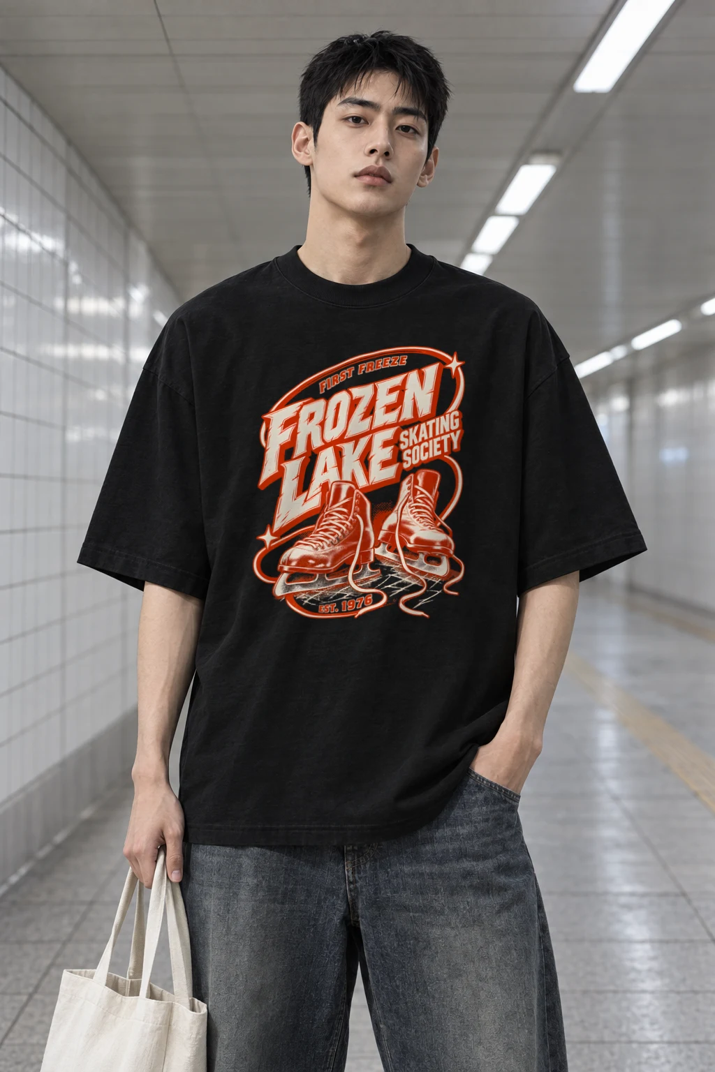 "Frozen Lake Skating Society" Men's Oversized Heavyweight Crewneck T-Shirt