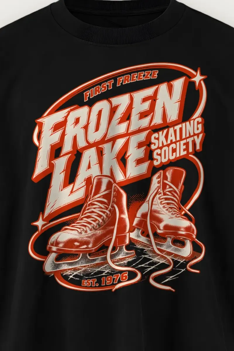 "Frozen Lake Skating Society" Men’s Oversized Heavyweight Crewneck T-Shirt - the graphic up close