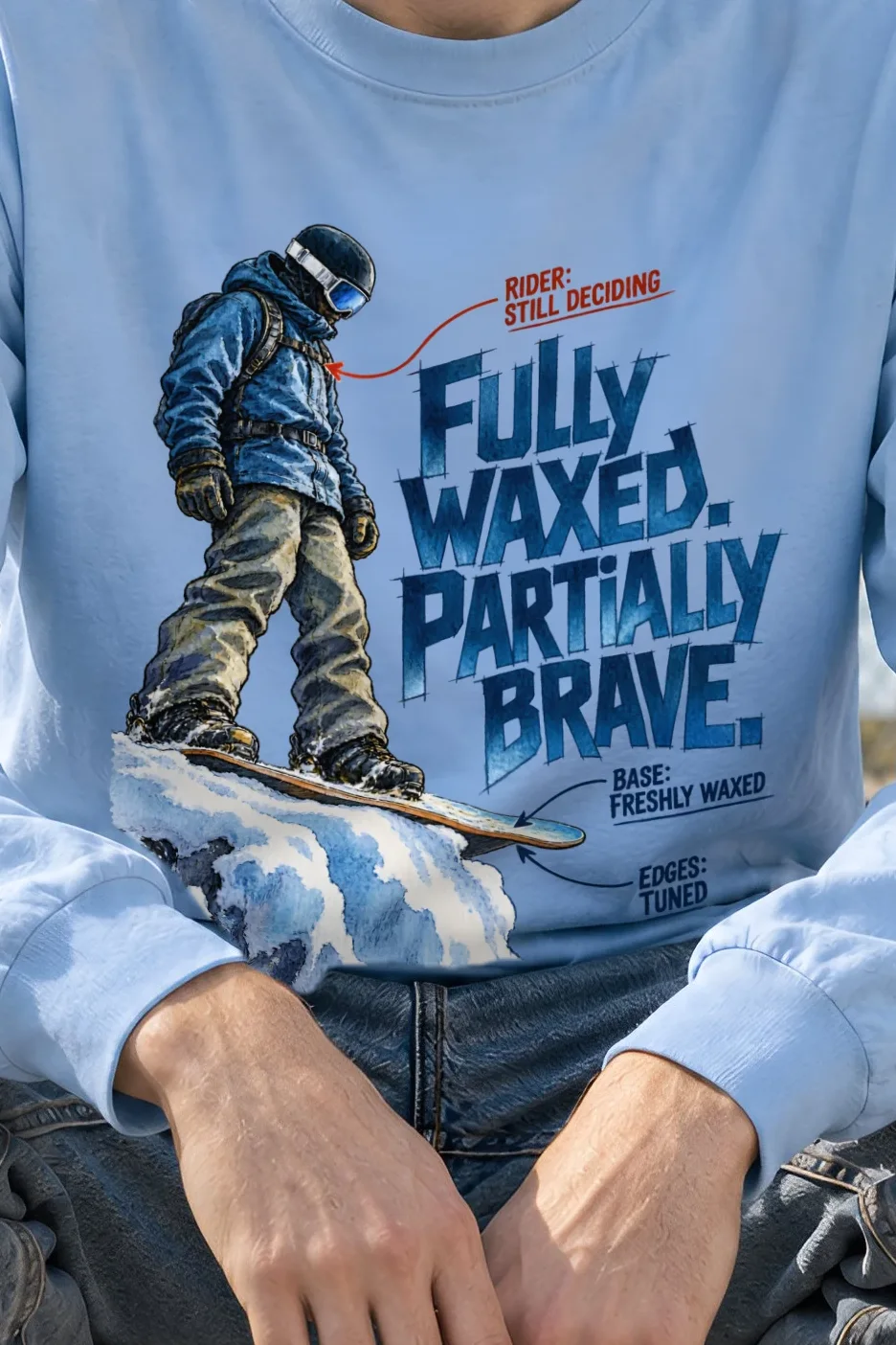 "Fully Waxed Partially Brave" Unisex Longsleeve T-shirt - the graphic up close