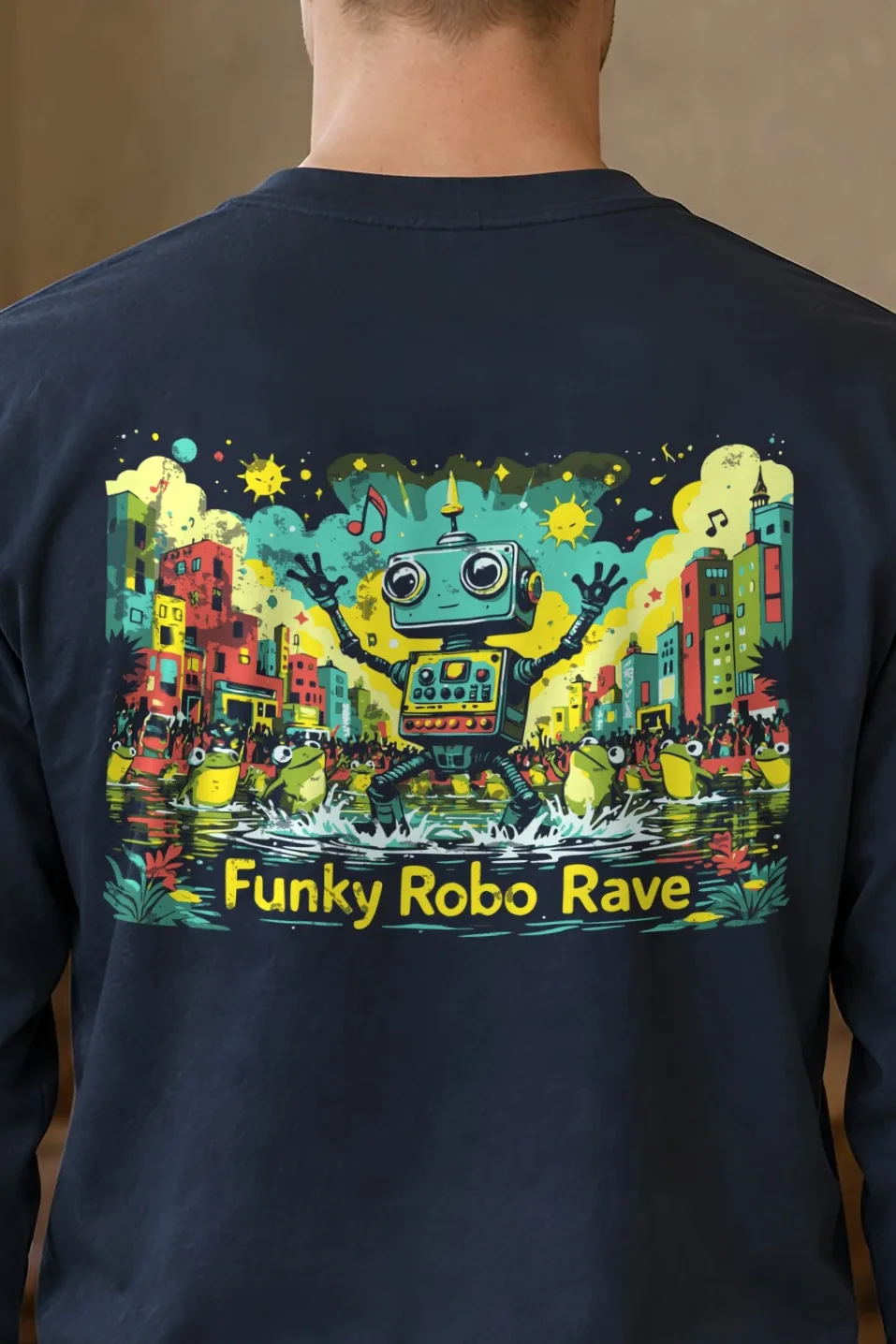 "Funky Robo Rave" Unisex Longsleeve T-shirt - the graphic up close