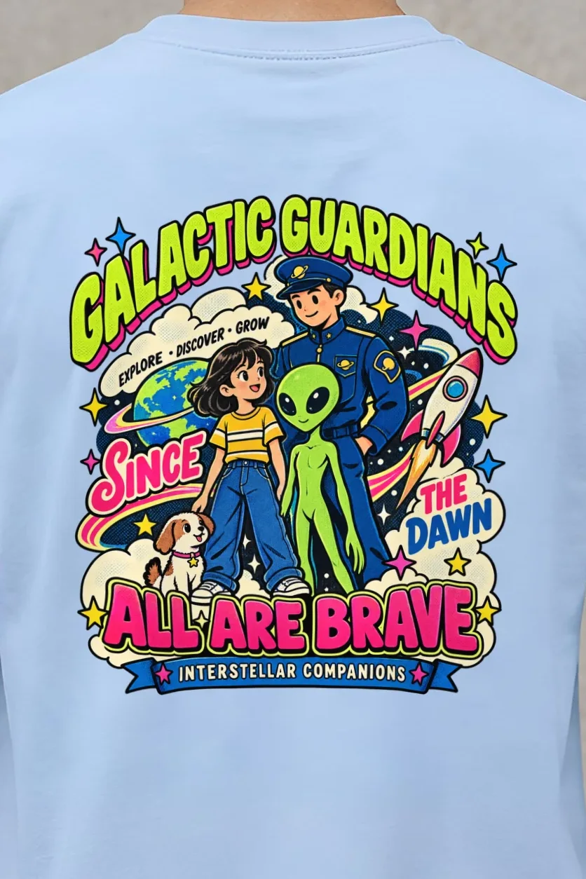 "Galactic Guardians" Heavyweight Unisex Crewneck T-shirt - the graphic up close