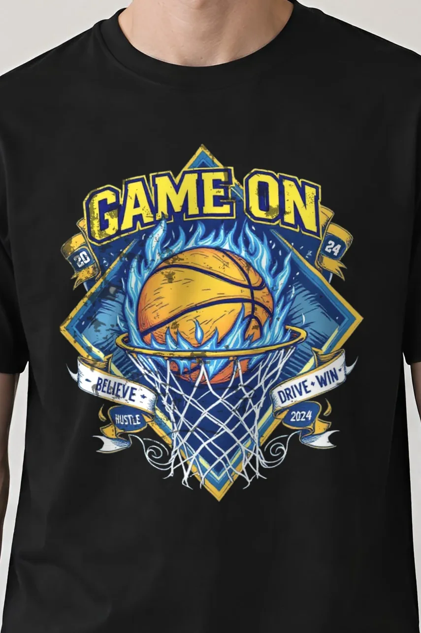 "Game On Flame" Heavyweight Unisex Crewneck T-shirt - the graphic up close