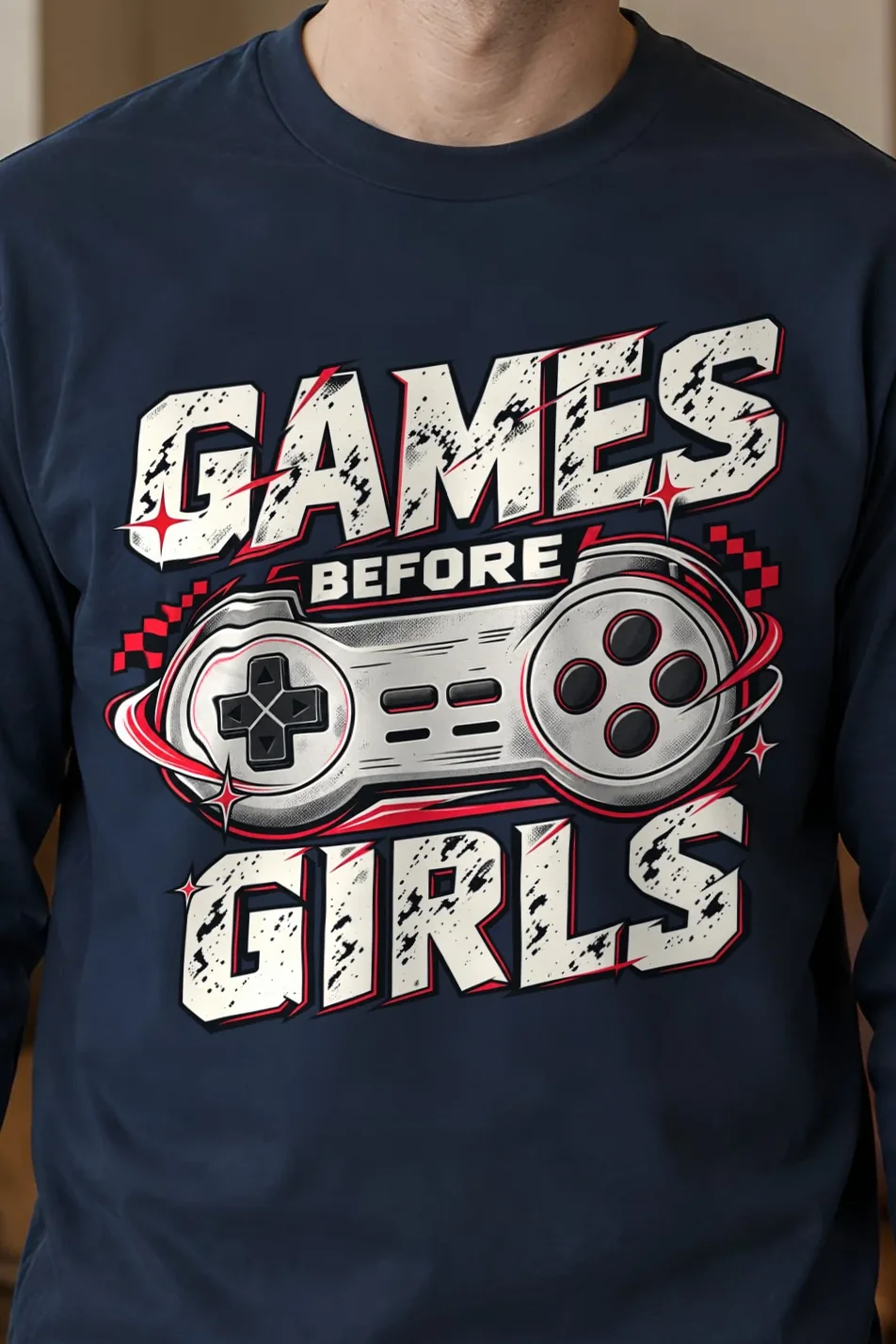 "Games Before Girls" Unisex Longsleeve T-shirt - the graphic up close