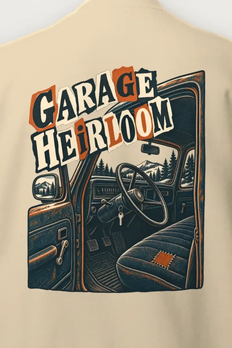 "Garage Heirloom" Heavy Blend Unisex Crewneck Sweatshirt - the graphic up close