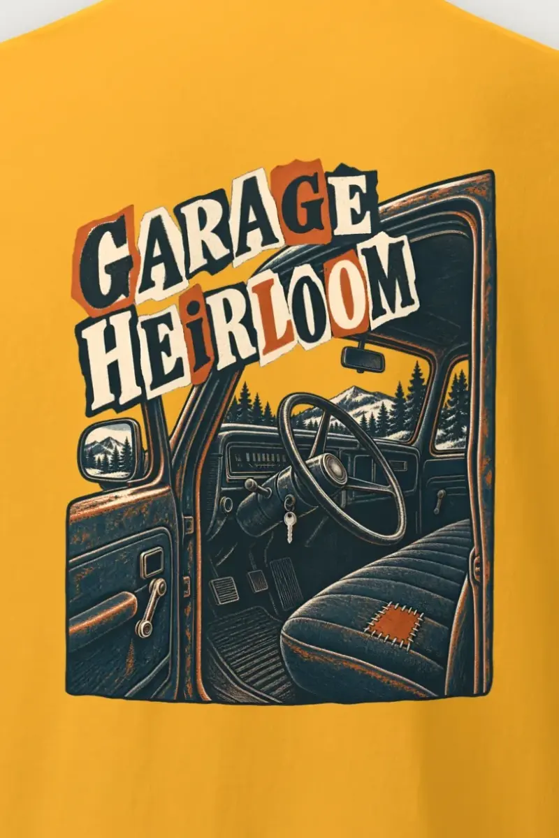 "Garage Heirloom Pickup Cab" Heavyweight Unisex Crewneck T-shirt - the graphic up close